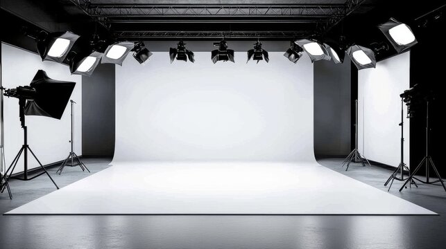 Minimalist studio design featuring grey floor and white cyc wall. 