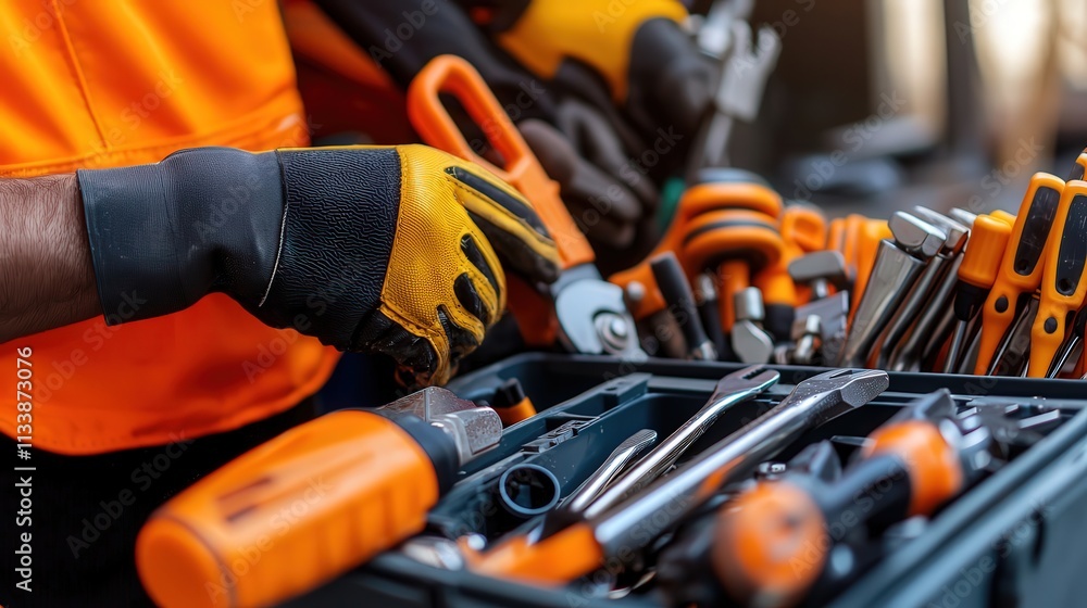 Poster Industrial tools and equipment neatly arranged in a toolbox on-site, with a construction project in progress behind.