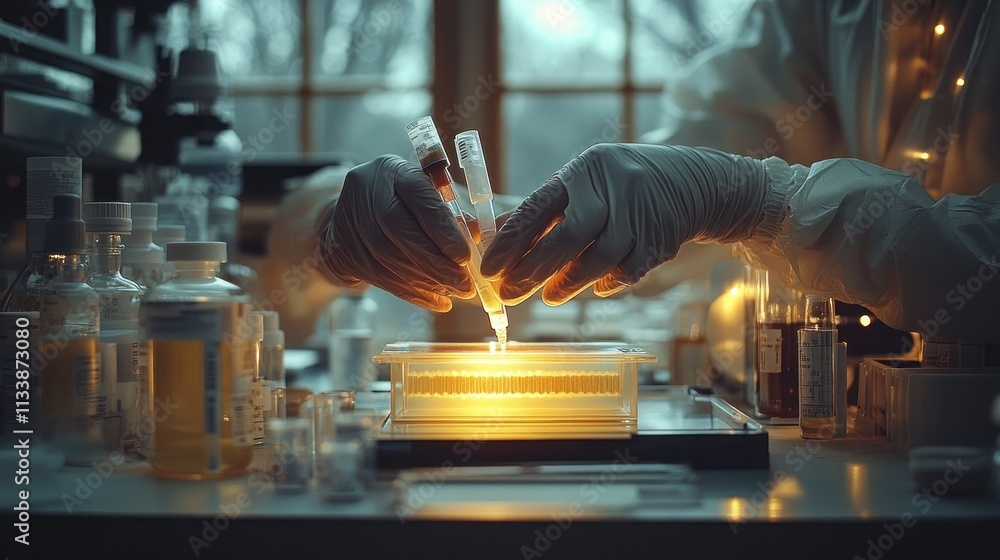 Poster scientist's gloved hands carefully injecting liquid into a glowing sample within a lab setting.