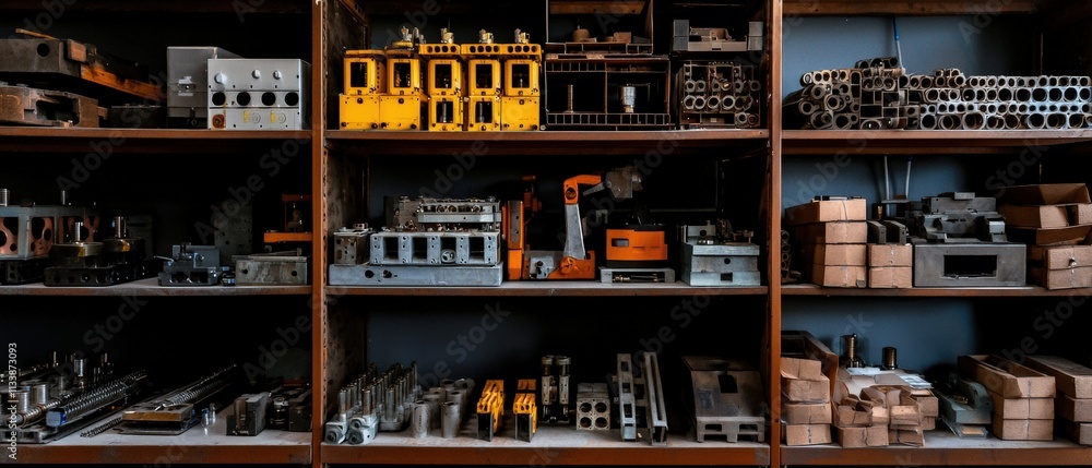 Poster industrial shelves stacked with neatly organized machine components, with workers inventorying the s