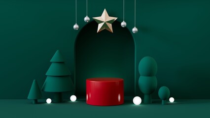 A minimalist Christmas scene against a solid green background. The centerpiece is a red cylindrical podium, surrounded by green trees, 3D rendering.