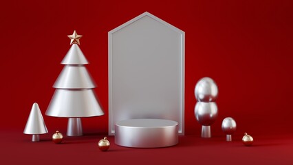 A minimalist Christmas scene against a solid red background. The centerpiece is a silver podium, surrounded by silver trees of varying heights, 3D rendering.
