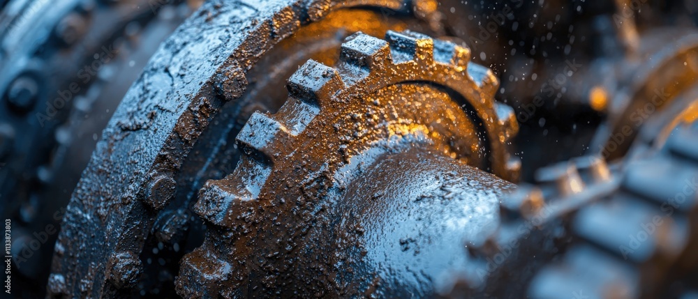 Poster Close-up of intricate hydraulic mechanisms on an excavator, with grease and grime emphasizing real-world usage.