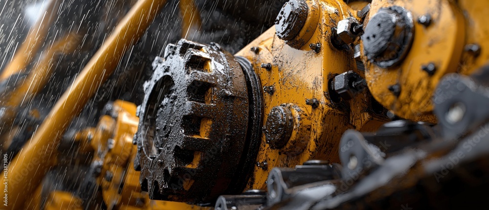 Poster Close-up of intricate hydraulic mechanisms on an excavator, with grease and grime emphasizing real-world usage.