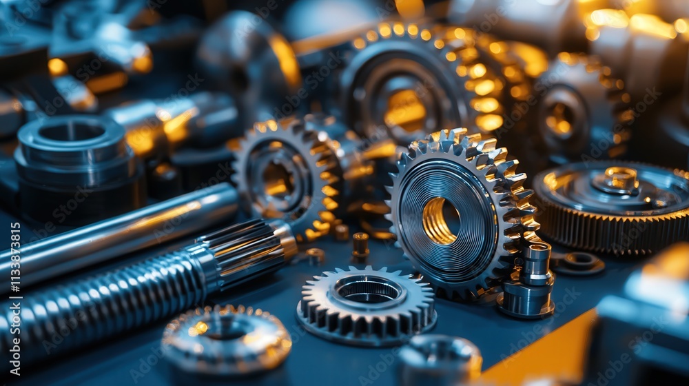 Poster Close-up of gears and cogs neatly arranged on a workbench, glinting under industrial lighting.
