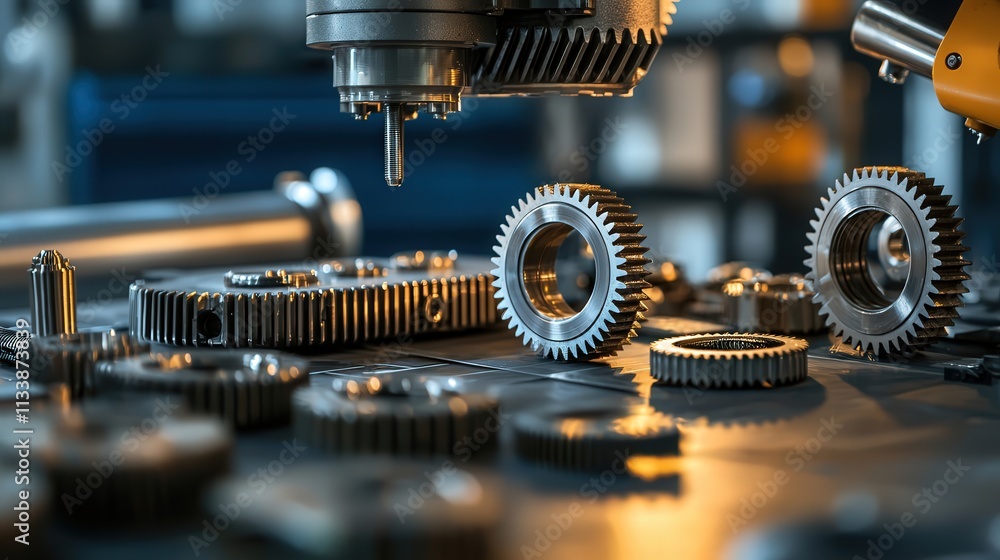 Poster Close-up of gears and cogs neatly arranged on a workbench, glinting under industrial lighting.