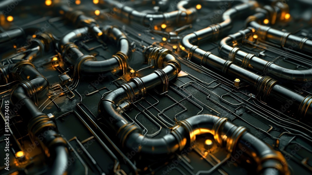 Poster Aerial view of an industrial landscape with an intricate network of pipelines.