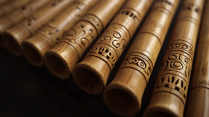 A row of wooden tubes with carved designs on them