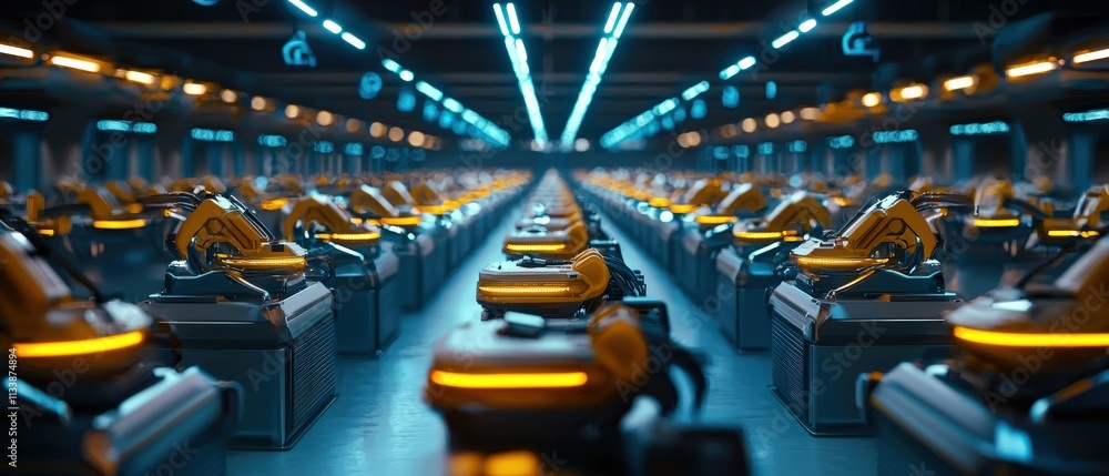 Aufkleber A futuristic factory floor illuminated by rows of robotic machines working efficiently.