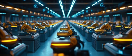 Obraz premium A futuristic factory floor illuminated by rows of robotic machines working efficiently.