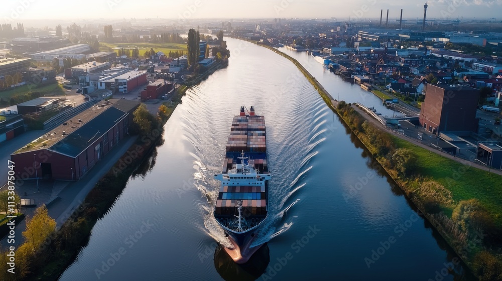 Poster a container ship navigating a narrow canal, captured from an aerial perspective.