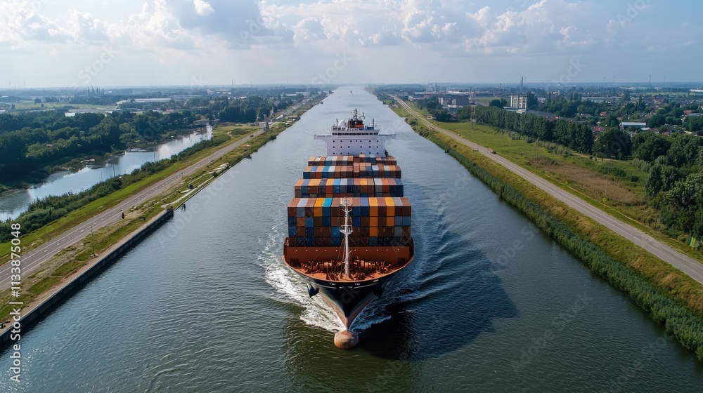Poster a container ship navigating a narrow canal, captured from an aerial perspective.