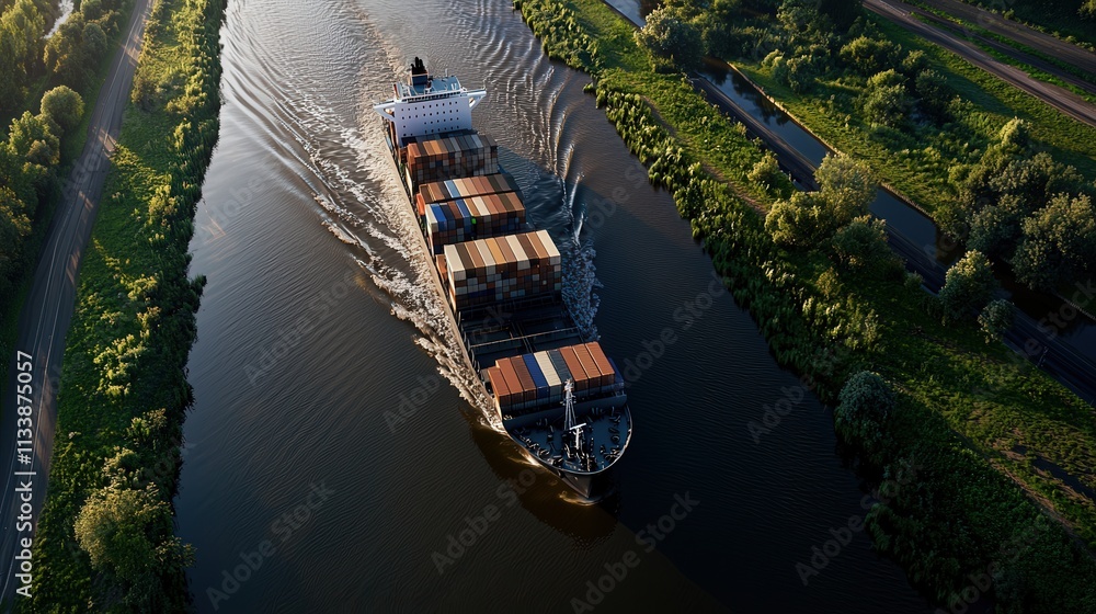 Poster a container ship navigating a narrow canal, captured from an aerial perspective.
