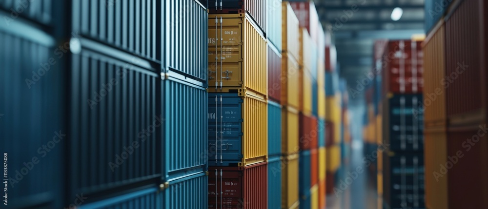 Poster a close-up of shipping labels on stacked containers, emphasizing logistics and global trade.
