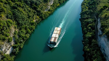 A container ship navigating a narrow canal, captured from an aerial perspective.