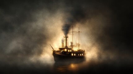 Fototapeta premium A mysterious steamship emerges from fog, illuminated by warm lights, creating an atmospheric and dramatic maritime scene.