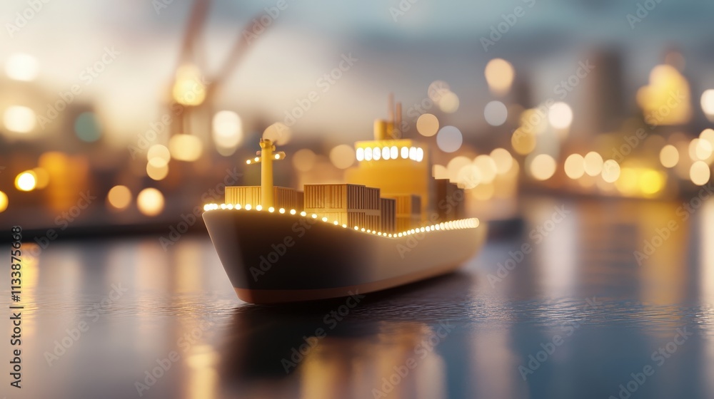 Aufkleber a detailed model ship illuminated in a harbor setting, surrounded by a soft bokeh effect, creating a