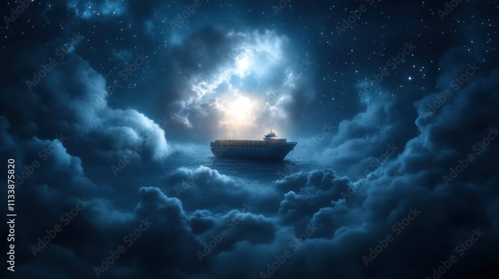Poster a mystical scene of a boat floating amidst clouds, illuminated by a bright celestial light, creating
