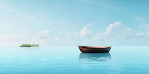 Naklejka premium A serene scene featuring a wooden boat floating on calm waters, with a small island visible in the distance under a clear blue sky.