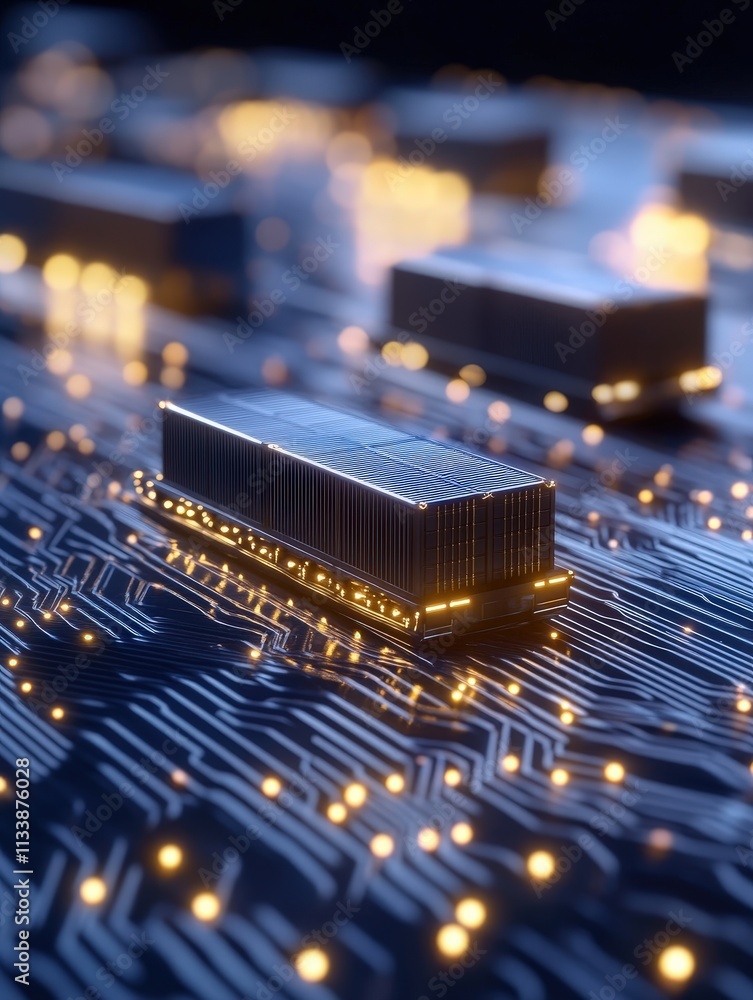 Poster a close-up view of a circuit board featuring illuminated components, showcasing modern technology an
