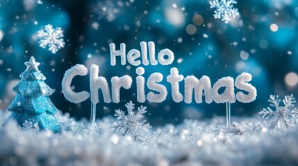 Sparkling Hello Christmas Greeting with Miniature Tree and Snowflakes