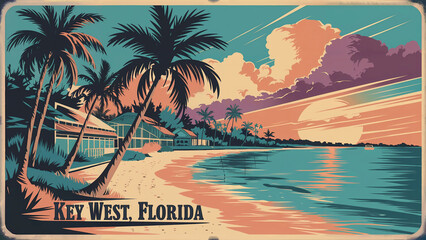 Vintage Illustration of Key West, Florida with Sunset, Palm Trees, and Vibrant Sky