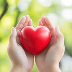 Fototapeta premium hands passing heart love kindness Concept. Red heart held in hands with a soft background.