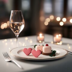 A romantic dessert setup featuring heart-shaped treats, soft lighting, and a glass of wine, creating an intimate dining atmosphere.