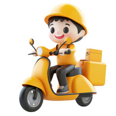 cheerful delivery person riding yellow scooter, wearing helmet and delivering packages. scene conveys sense of efficiency and joy in service. , png image transparent