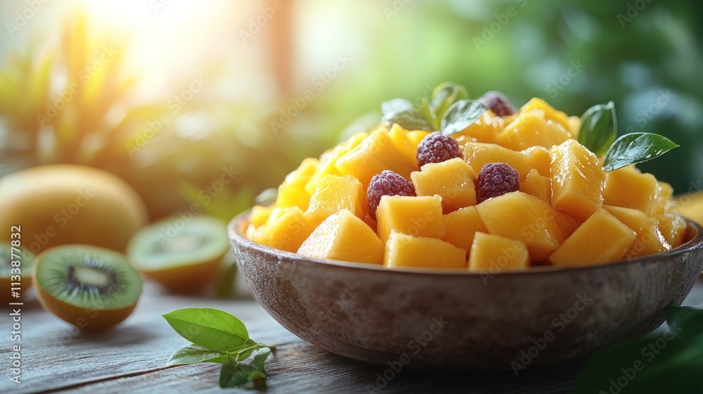 Poster fresh mango salad with raspberries and kiwi in a rustic bowl.