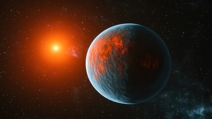 A planet with a red sun in the background