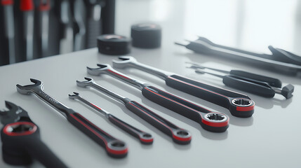 Fototapeta premium A collection of tools, including wrenches, are displayed on a table