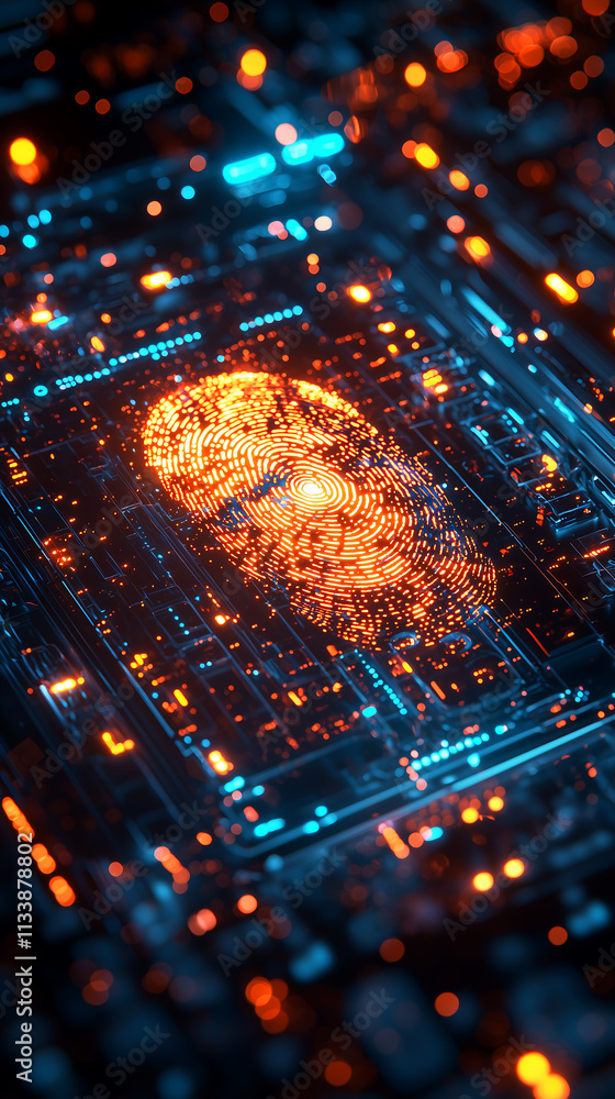 Poster glowing biometric fingerprint scan on a futuristic digital interface