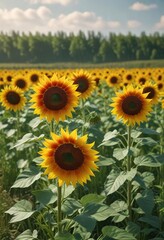Obraz premium Warm Red and Yellow Sunflowers in a Green Field, natural, outdoor, field