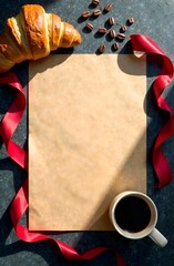 n the center is template of large brown color paper with handwritten text on top of paper on a dark concrete background. Around brown color paper lying croissants, coffee cup, red ribbon, coffee beans