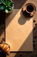 n the center is template of large brown color paper with handwritten text on top of paper on a dark concrete background. Around brown color paper lying croissants, coffee cup, coffee beans