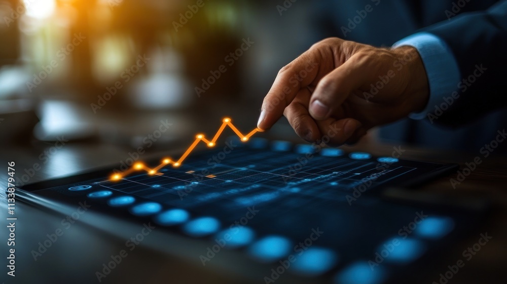Poster close-up of a businessman's hand interacting with a digital tablet displaying an upward trending gra