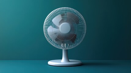 White desk fan against teal background.