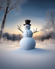 Fototapeta premium happy snowman, winter scenery, snowman in winter, snowy landscape, joyful snowman, winter wonderland, snow-covered ground, winter holiday season, cheerful snowman, snowman with scarf, snowman with hat
