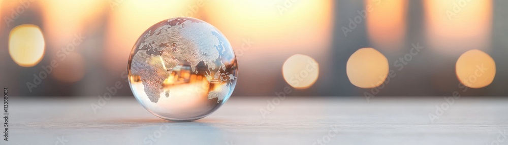 Poster global perspective of earth in glass sphere urban setting nature and science theme soft focus reflec