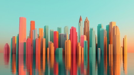 Obraz premium Vibrant urban skyline at dusk cityscape photography modern architecture reflective waters aesthetic viewpoint color theory