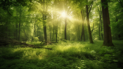Obraz premium Sunlight streaming through lush green forest.