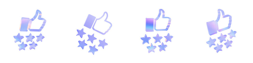 Set of 4 3d glass star rating shape with aberration effect isolated on a transparent background. Blue tone. 3d transparent elements for graphic design.