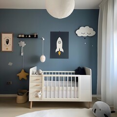 A blue and white nursery with a rocket on the wall and a white crib