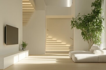 A white, modern living room with stairs, featuring LED lights and an indoor plant in the corner of one wall.