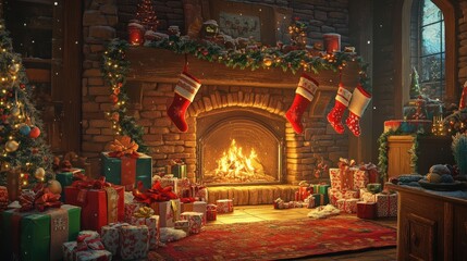 Fototapeta premium Festive Christmas Fireplace Scene With Presents And Stockings
