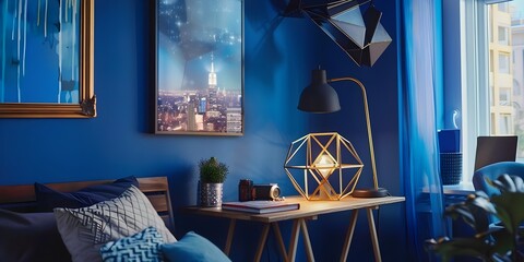 A bedroom with a large city view on the wall