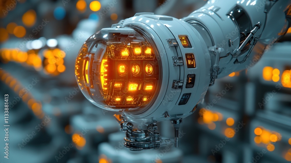 Aufkleber close-up of robotic arm with illuminated sensor in factory.