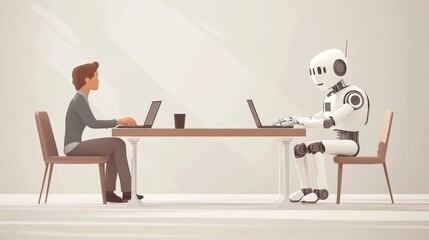Humanoid robot and man working together in an office