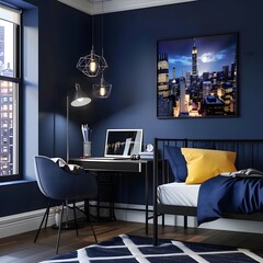 Night Cityscape Bedroom Decor: Blue Walls, Cloud Bedding